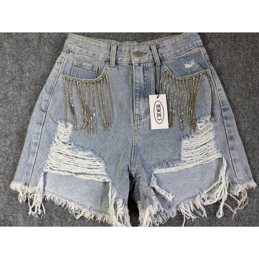 Cider Women Small Light Wash Distressed Rhinestone Fringe Denim Shorts NEW